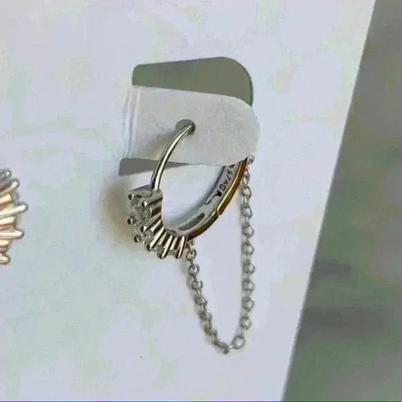 Diamond Paved Silver Huggie Hoop Chain Earrings - Picture 3 of 4